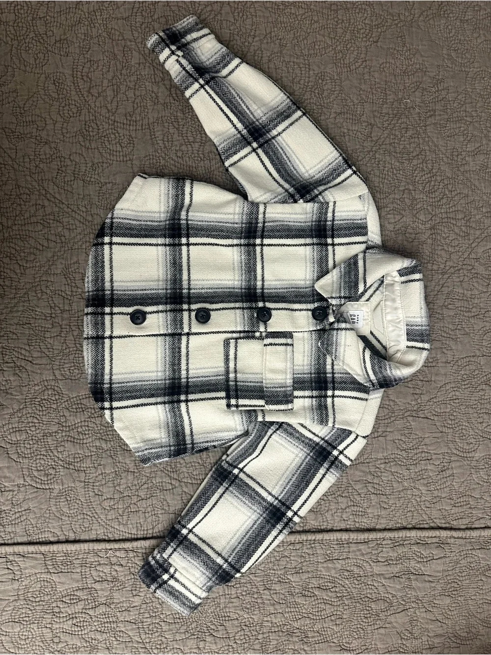GAP Kids Cream and Black Plaid Button-Down Shacket